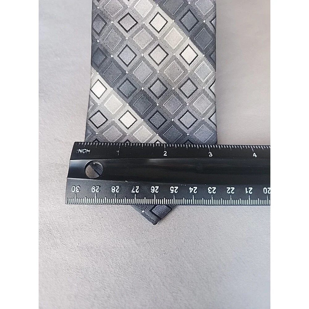 Calvin Klein 100% Silk Tie Gray And Black Checked Stripes. Timeless Piece.